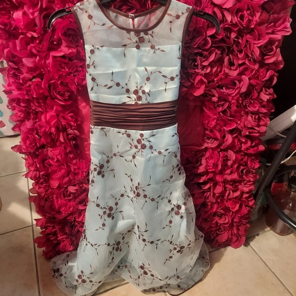 Bonnie Jean Girls Size 12 Formal Dress Brown/Light Blue Dress with Floral Design